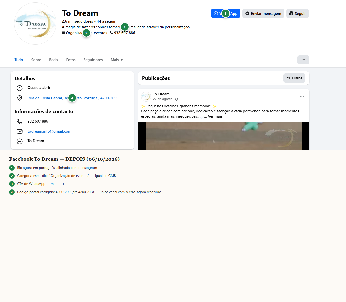 Página de Facebook do To Dream depois, corrigida