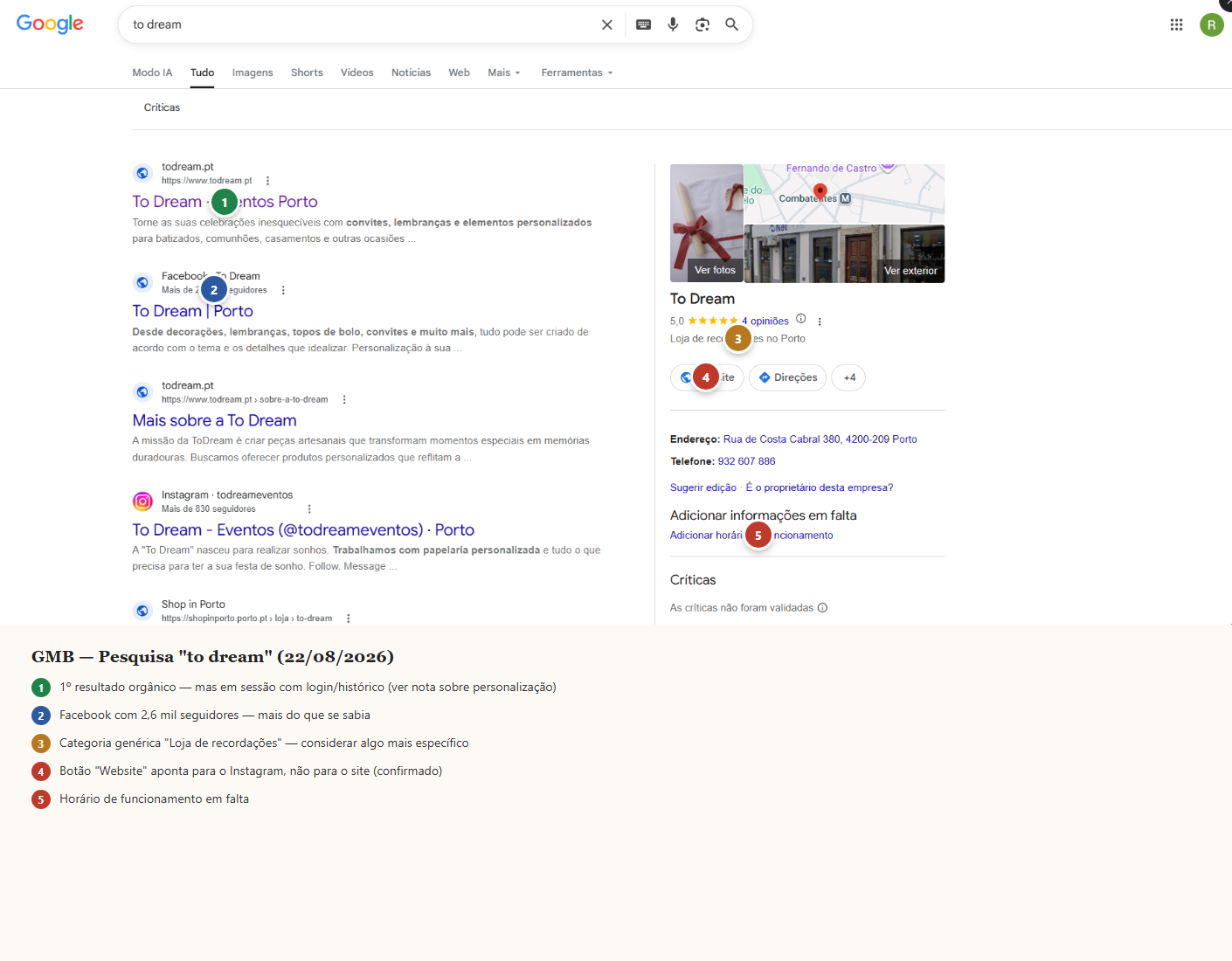 Perfil Google Meu Negócio do To Dream antes