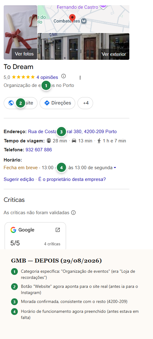 Perfil Google Meu Negócio do To Dream depois, corrigido
